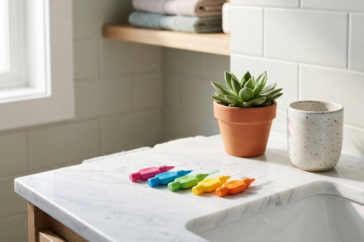 Cinq brossettes interdentaires colorees rose bleu vert jaune orange sur plan marbre salle de bain
