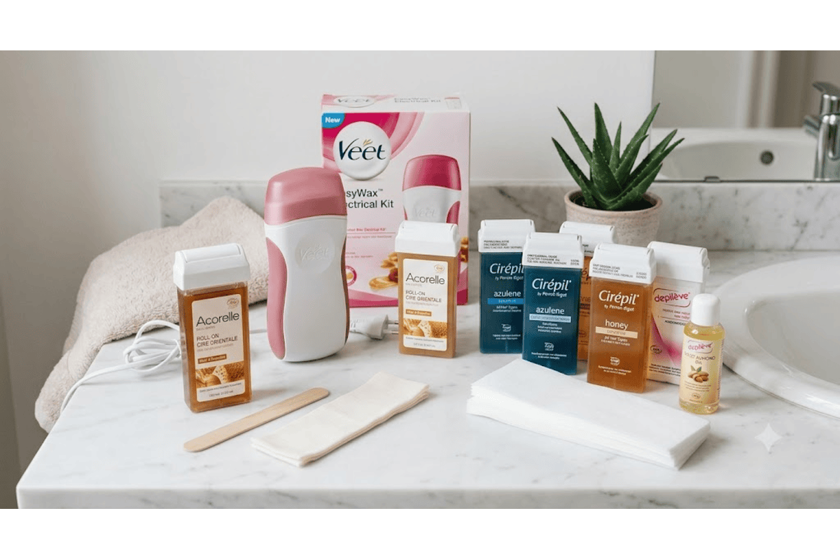 Sélection de cires roll-on Veet EasyWax, Acorelle, Cirépil et Dépiléve posées sur plan marbre salle de bain avec bandes et aloe vera