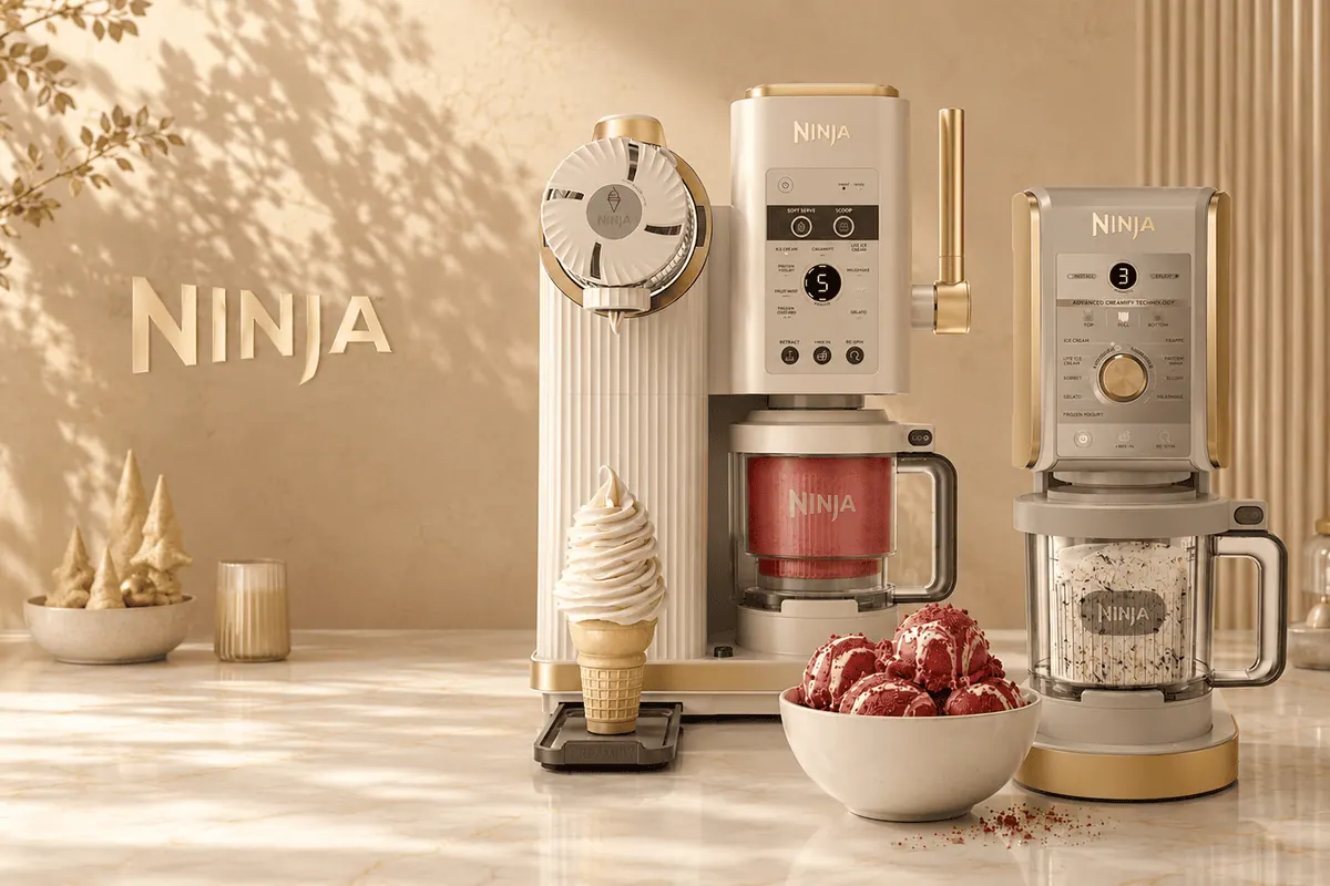 Deux machines a glace Ninja Creami Swirl beige dore cornet glace italienne bol framboise rouge sorbet