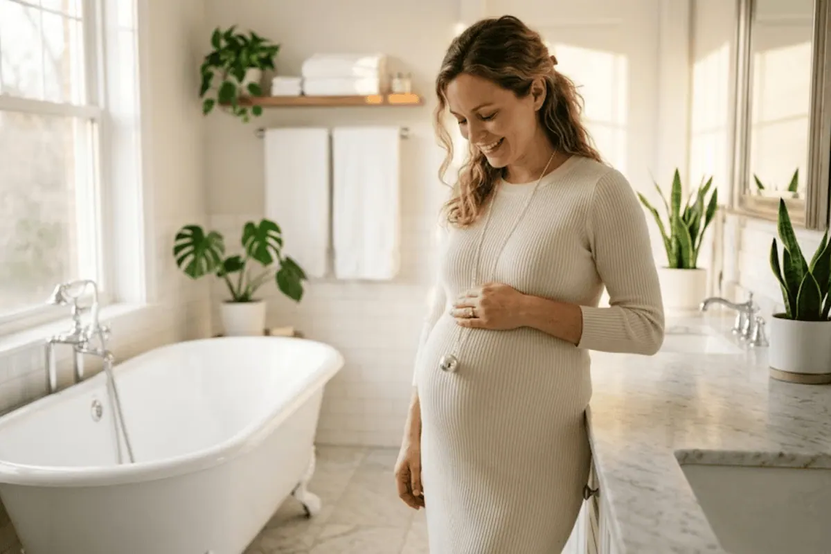 Femme enceinte avec bola de grossesse pendentif sphere sur le ventre salle de bain lumineuse