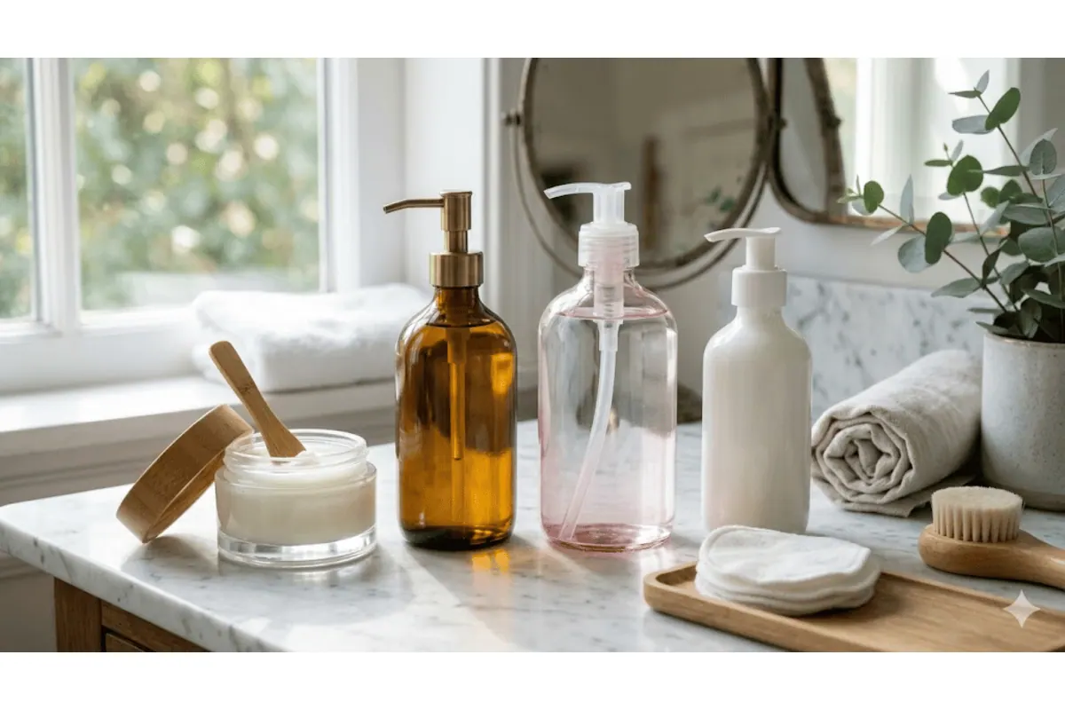 Flacons démaquillants pompe ambre transparent rose pot baume cotons réutilisables salle de bain marbre eucalyptus