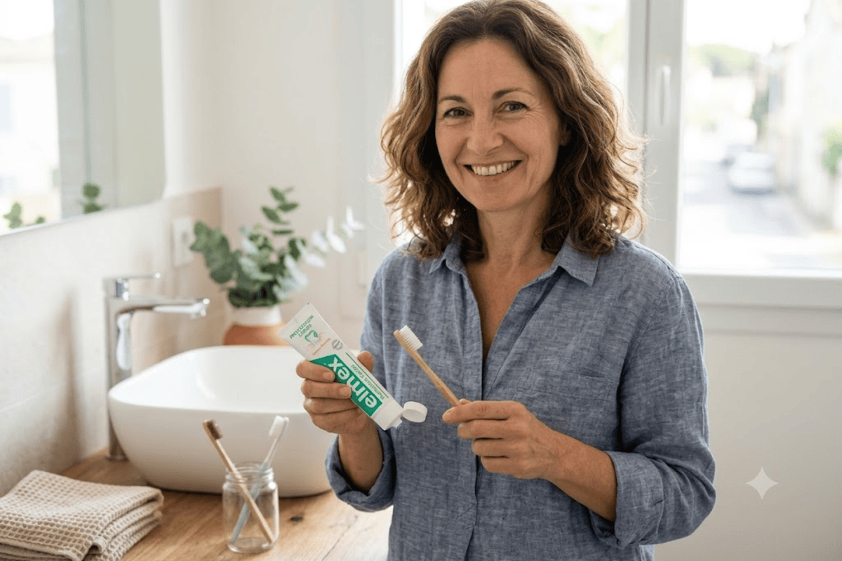 Femme souriante brune tenant un dentifrice Elmex et une brosse à dents en bambou dans salle de bain lumineuse aux plantes vertes