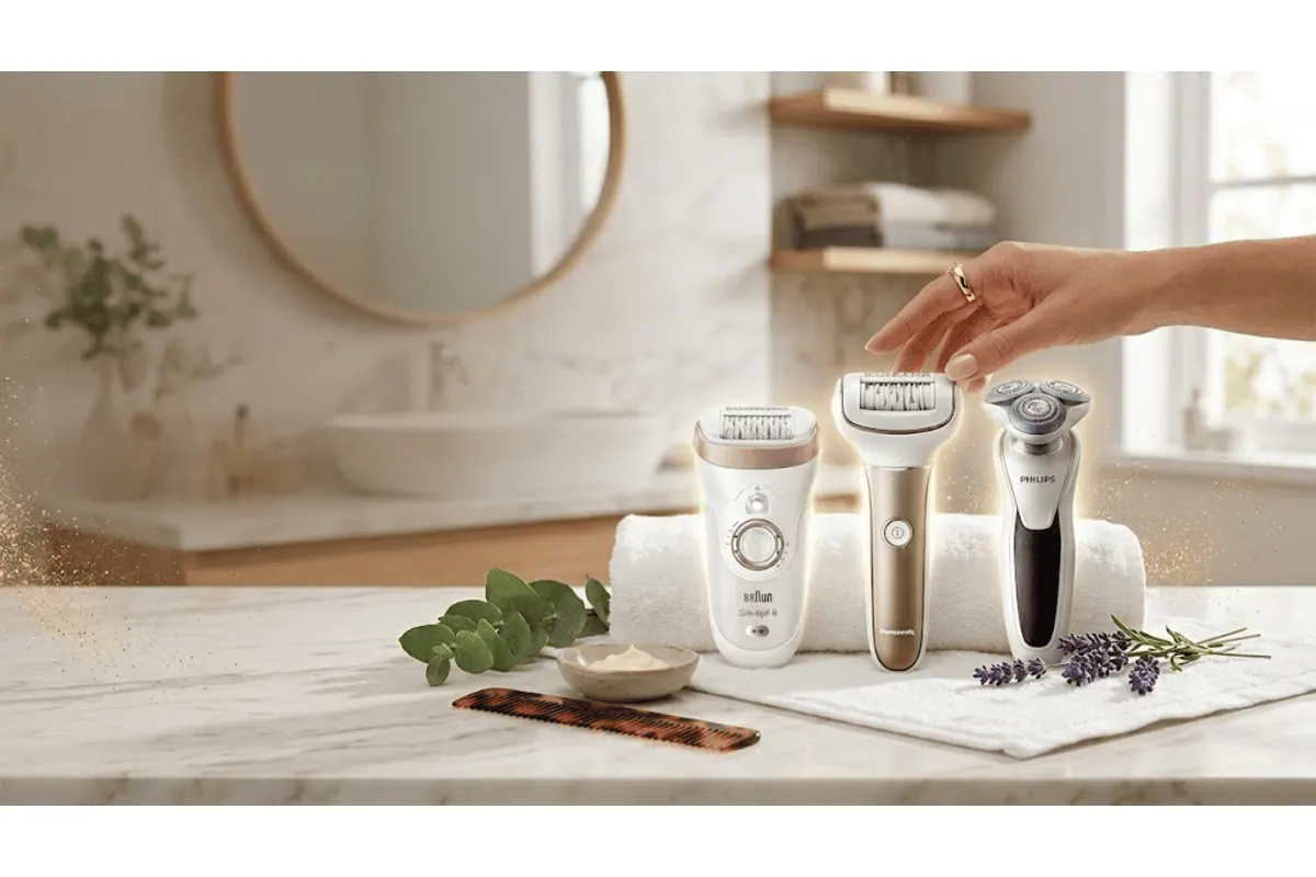 Trois épilateurs électriques Braun Silk-épil 9, Panasonic et Philips posés sur plan marbre salle de bain avec eucalyptus et lavande