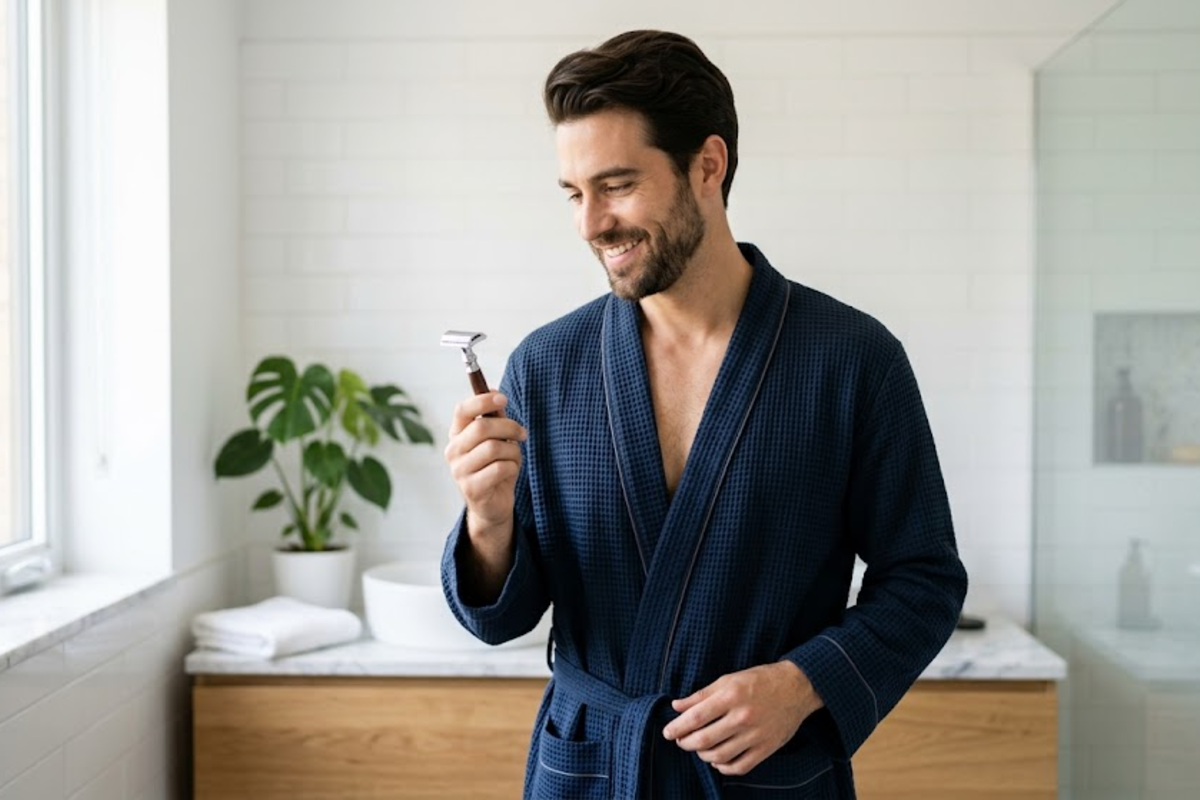 Homme en peignoir tient un rasoir manuel devant un miroir salle de bain rasage matin
