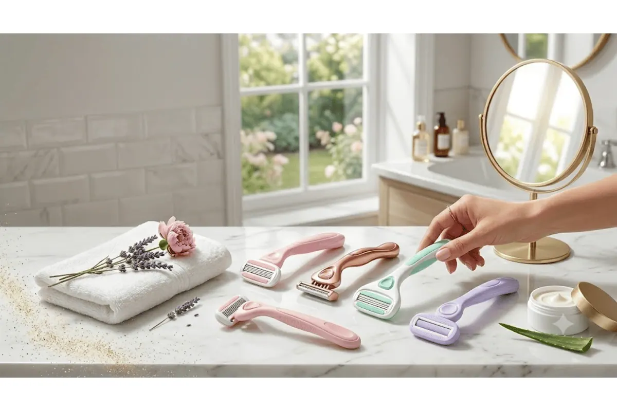 Cinq rasoirs jetables femme couleurs pastel rose, mint, lavande, rose gold, posés sur plan marbre salle de bain avec serviette et lavande