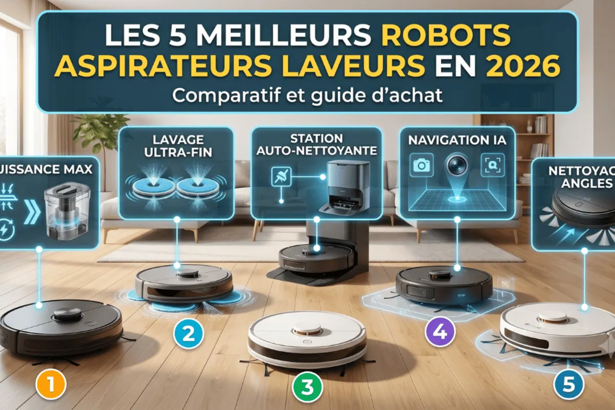 Comparatif 5 meilleurs robots aspirateurs laveurs 2026 Roborock Dreame iRobot Ecovacs Lefant station auto-nettoyante navigation IA