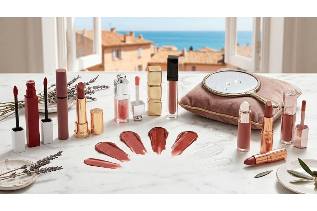 Sélection rouges à lèvres mat et brillants posés sur plan marbre vue mer méditerranée, swatchs nude rouge, miroir doré, lavande