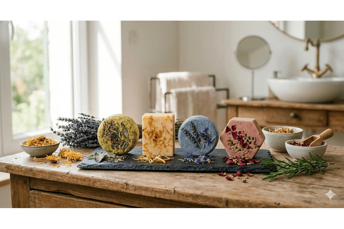 Quatre shampoings solides colorés vert jaune calendula bleu rose pétales plantes salle de bain bois
