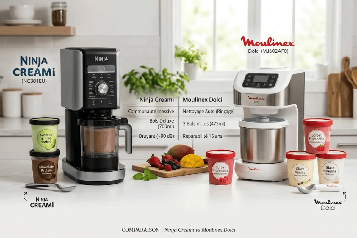 Comparatif Ninja Creami NC301EU vs Moulinex Dolci MJ602AF0 machines à glace posées sur plan de travail cuisine avec pots de sorbet framboise vanille chocolat