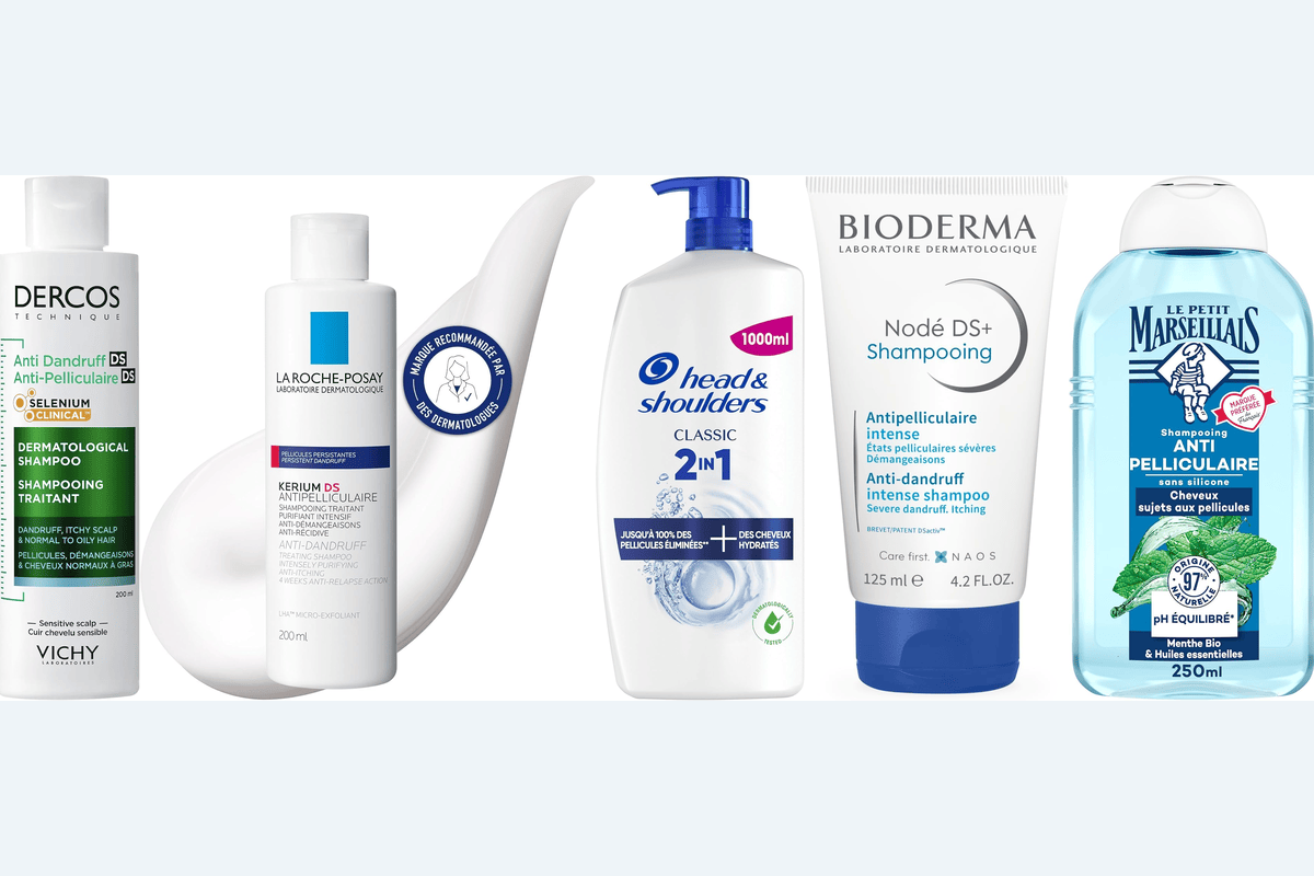 Comparatif des 5 meilleurs shampoings anti-pelliculaires 2026 : Vichy Dercos DS, La Roche-Posay Kerium DS, Head & Shoulders Classic, Bioderma Nodé DS+ et Le Petit Marseillais Menthe