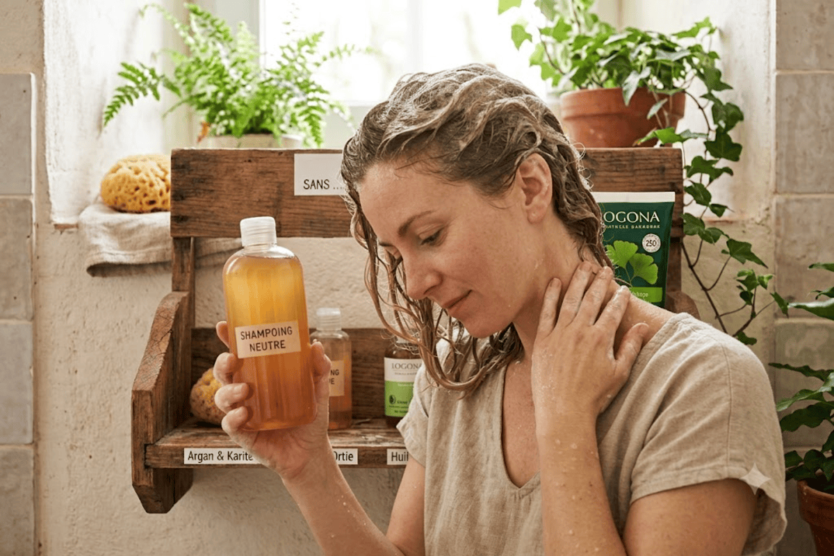 Femme aux cheveux mouillés utilisant un shampoing naturel bio devant étagère en bois avec plantes vertes et bouteilles sans sulfate