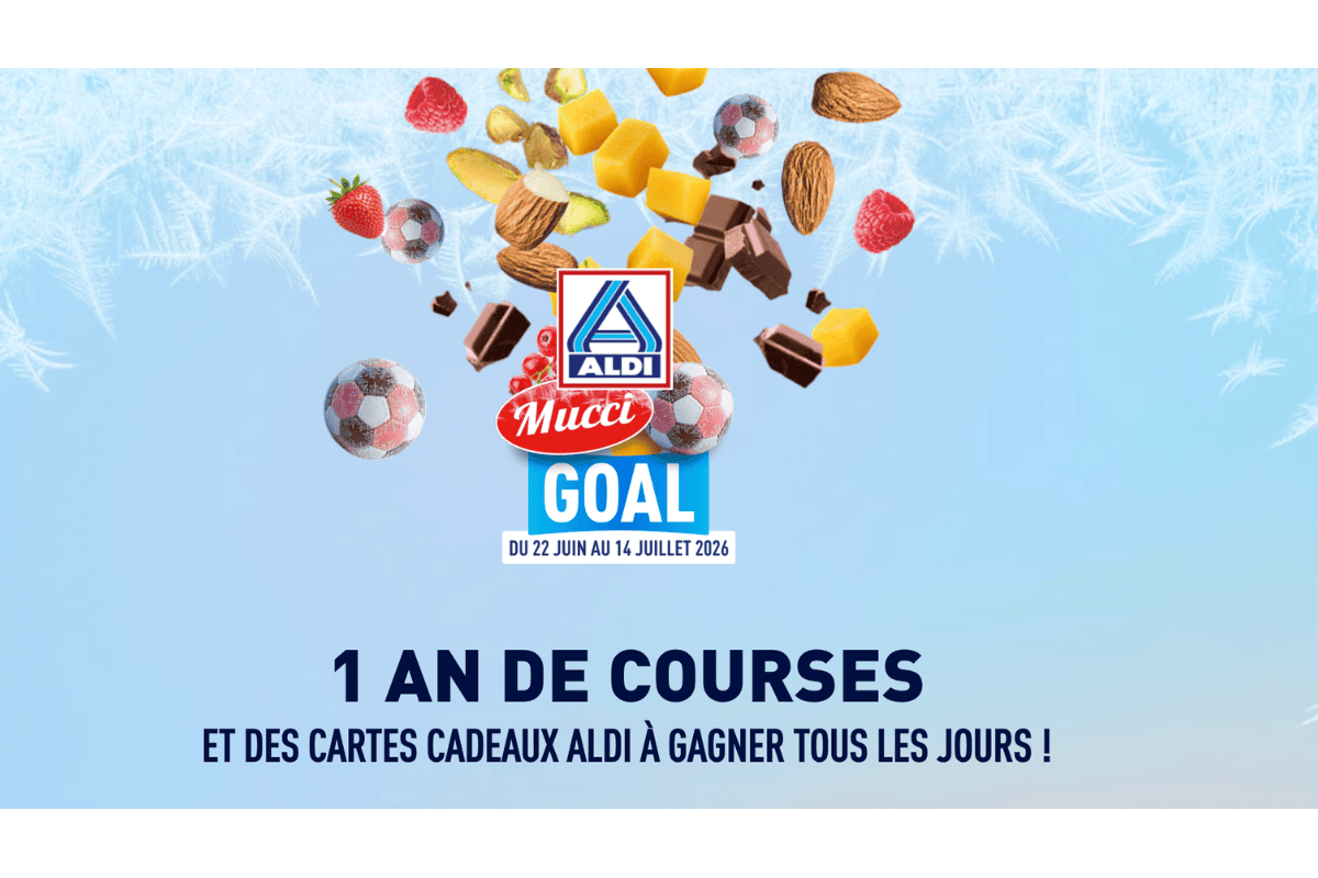 Concours ALDI Mucci Goal du 22 juin au 14 juillet 2026 logo bleu Mucci jaune sur fond rouge pluie fruits secs amandes raisins cacahuètes 1 an de courses cartes cadeaux à gagner tous les jours