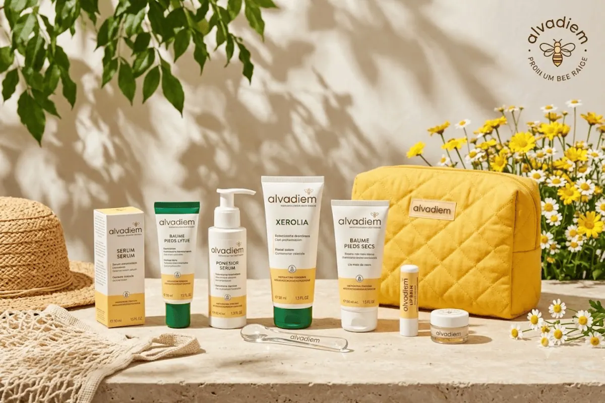 Concours Alvadiem & Friends produits gamme Xerolia trousse jaune nid abeille sur table ensoleillée avec chapeau paille et marguerites