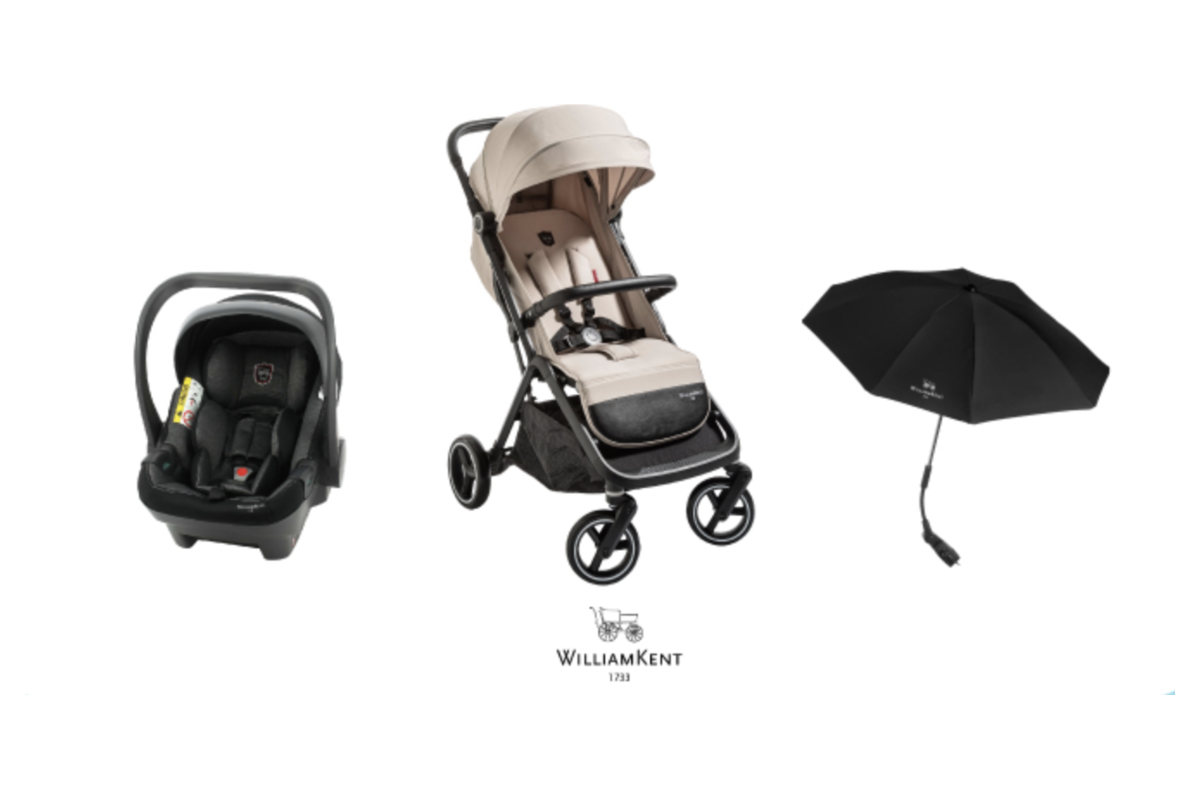 Le pack William Kent 1733 mis en jeu par Aubert : coque auto Orion noire, poussette Sirius coloris beige et ombrelle noire