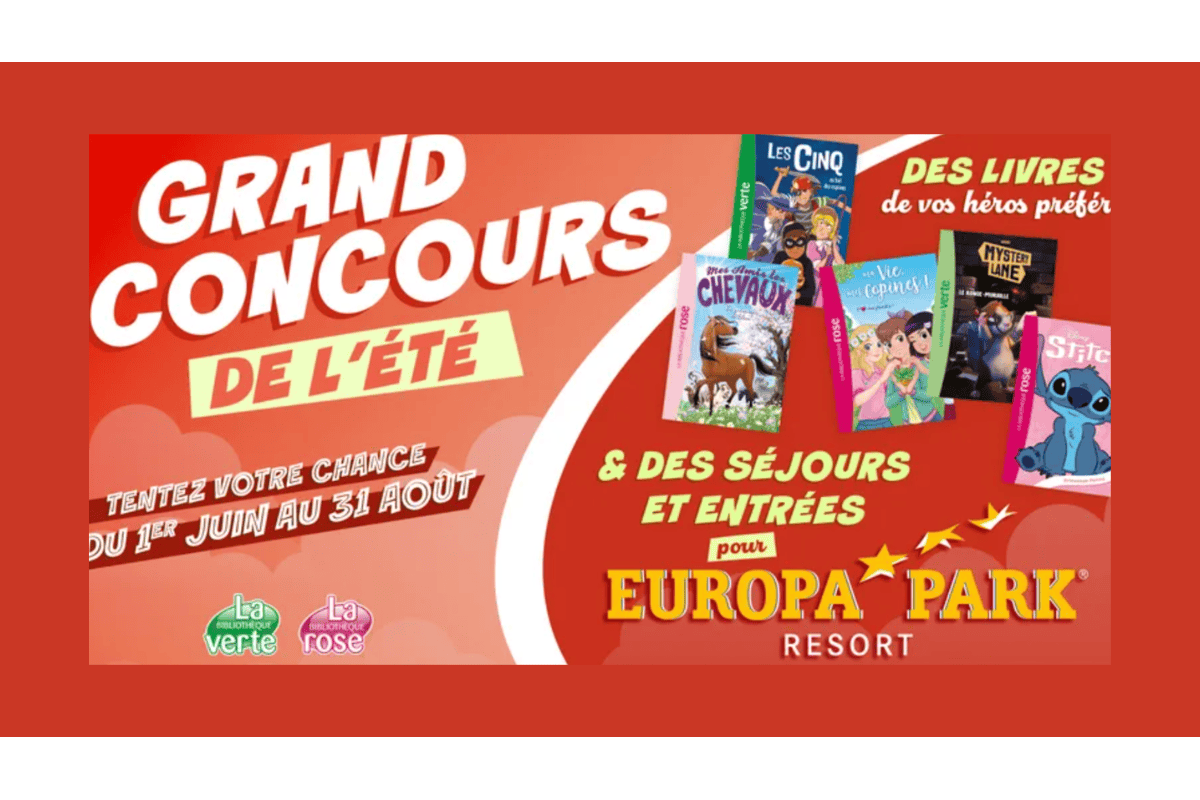 Visuel officiel Grand Concours de l'Été Bibliothèque Rose : couvertures des livres Winx Club, Stitch, Pokémon et Le Club des Cinq, avec mention séjours et entrées Europa Park Resort à gagner