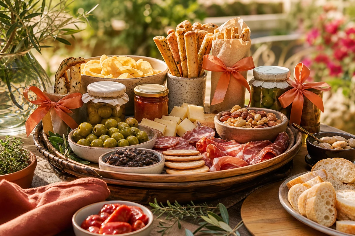 Assortiment gourmand pour l'apéritif avec olives, fromages, charcuterie, crackers et tartinables