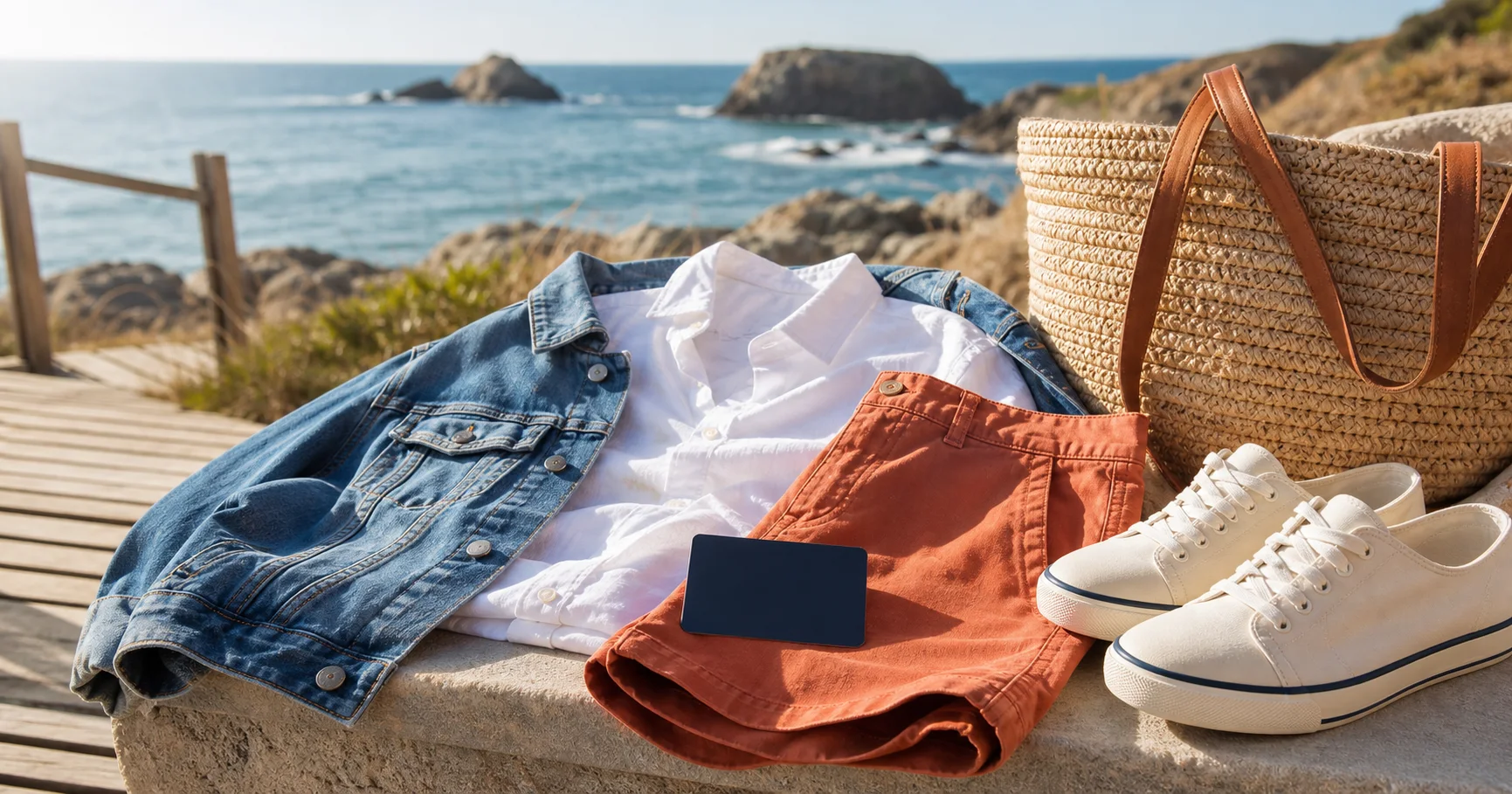 Tenue d'été au bord de la mer et carte cadeau illustrant le Grand Jeu Bonobo