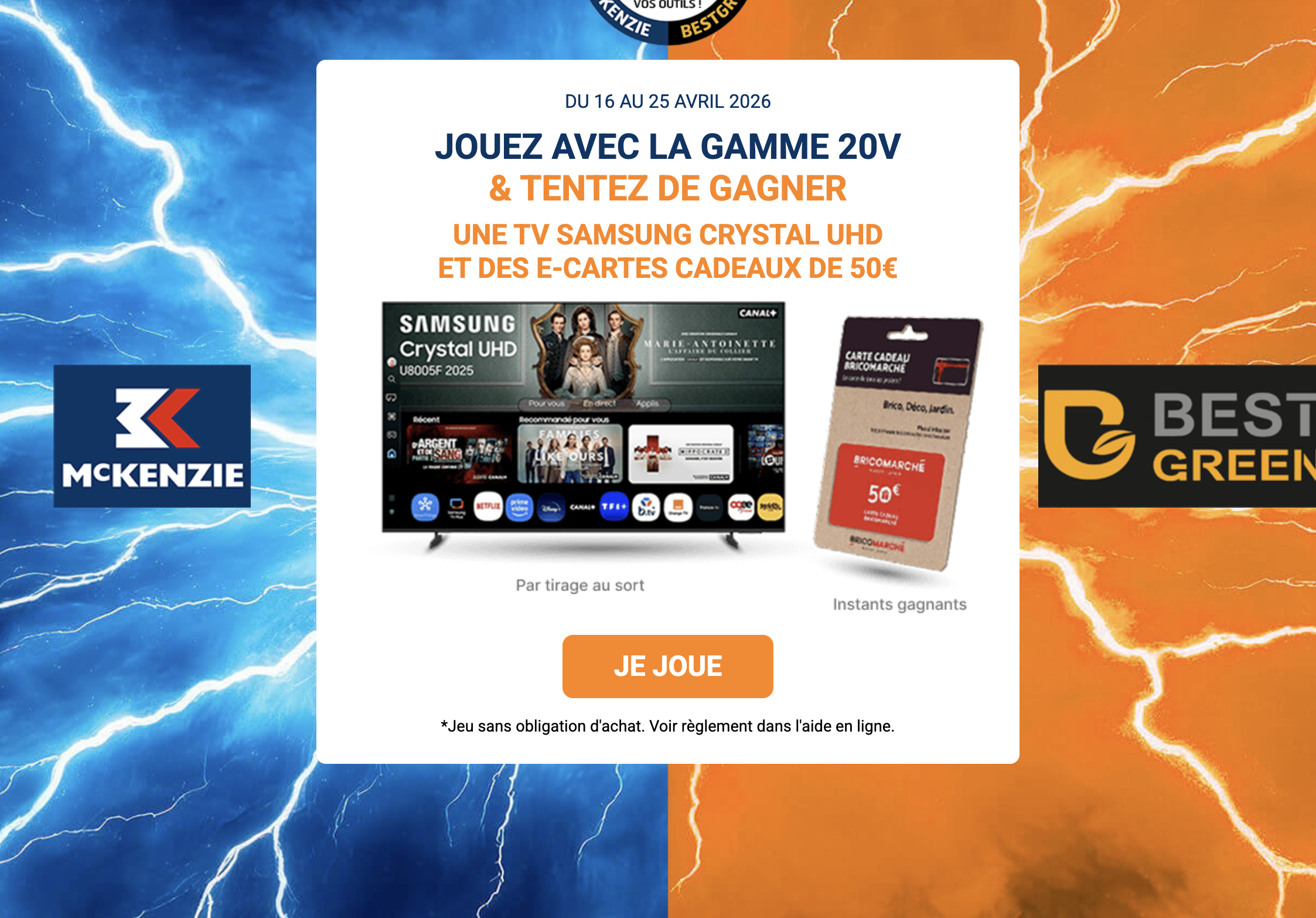 Jeu concours Bricomarché McKenzie gamme 20V avec TV Samsung et e-cartes cadeaux 50€