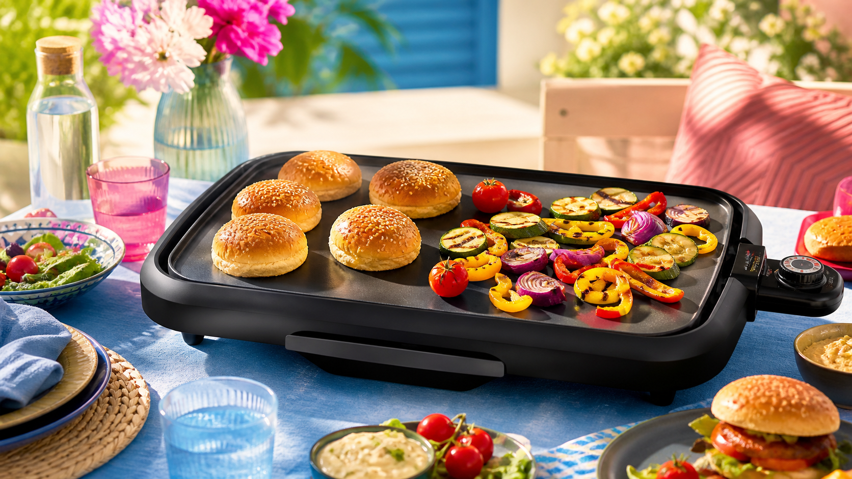 Plancha électrique avec pains burger et légumes grillés pour le concours Brioche Pasquier 2026