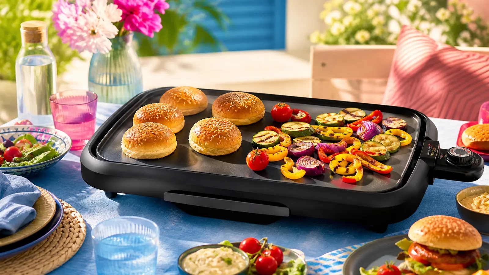 Plancha électrique avec pains burger et légumes grillés pour le concours Brioche Pasquier 2026