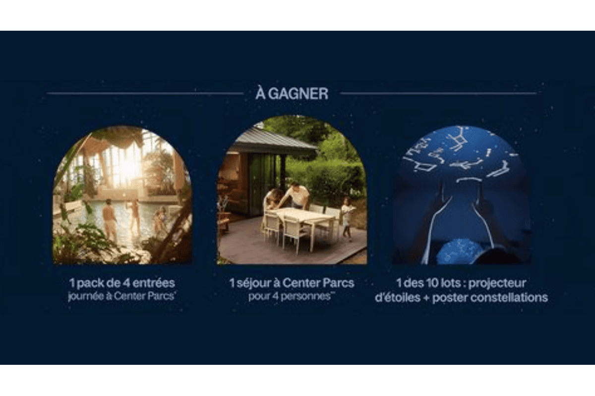 Concours Center Parcs Observer les étoiles 3 lots à gagner pack 4 entrées journée cottage séjour 4 personnes 10 lots projecteur d'étoiles poster constellations fond bleu nuit étoilée juin juillet 2026
