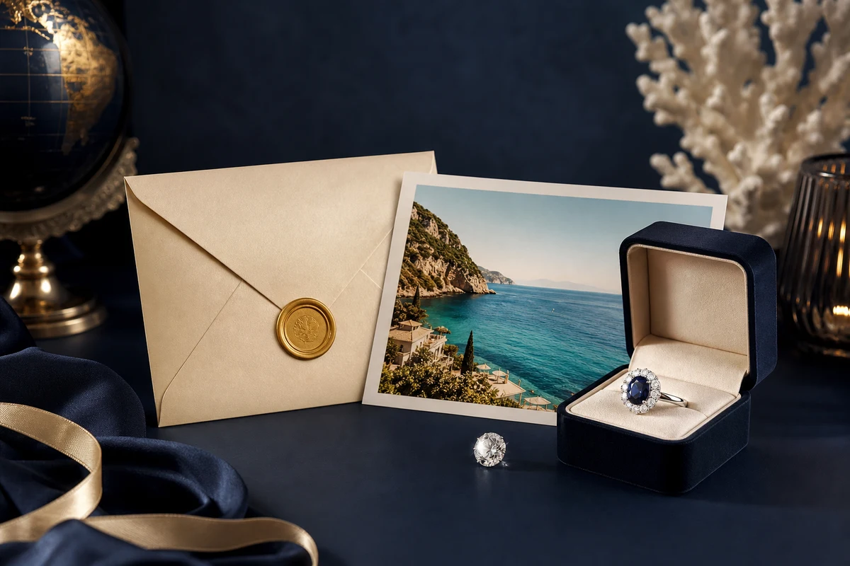 Enveloppe cadeau, voyage en bord de mer, diamant et bague saphir illustrant les lots possibles du concours Damart