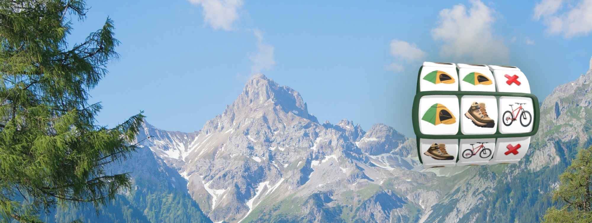 Paysage montagneux avec un jeu à rouleaux illustré de tentes, chaussures et vélos