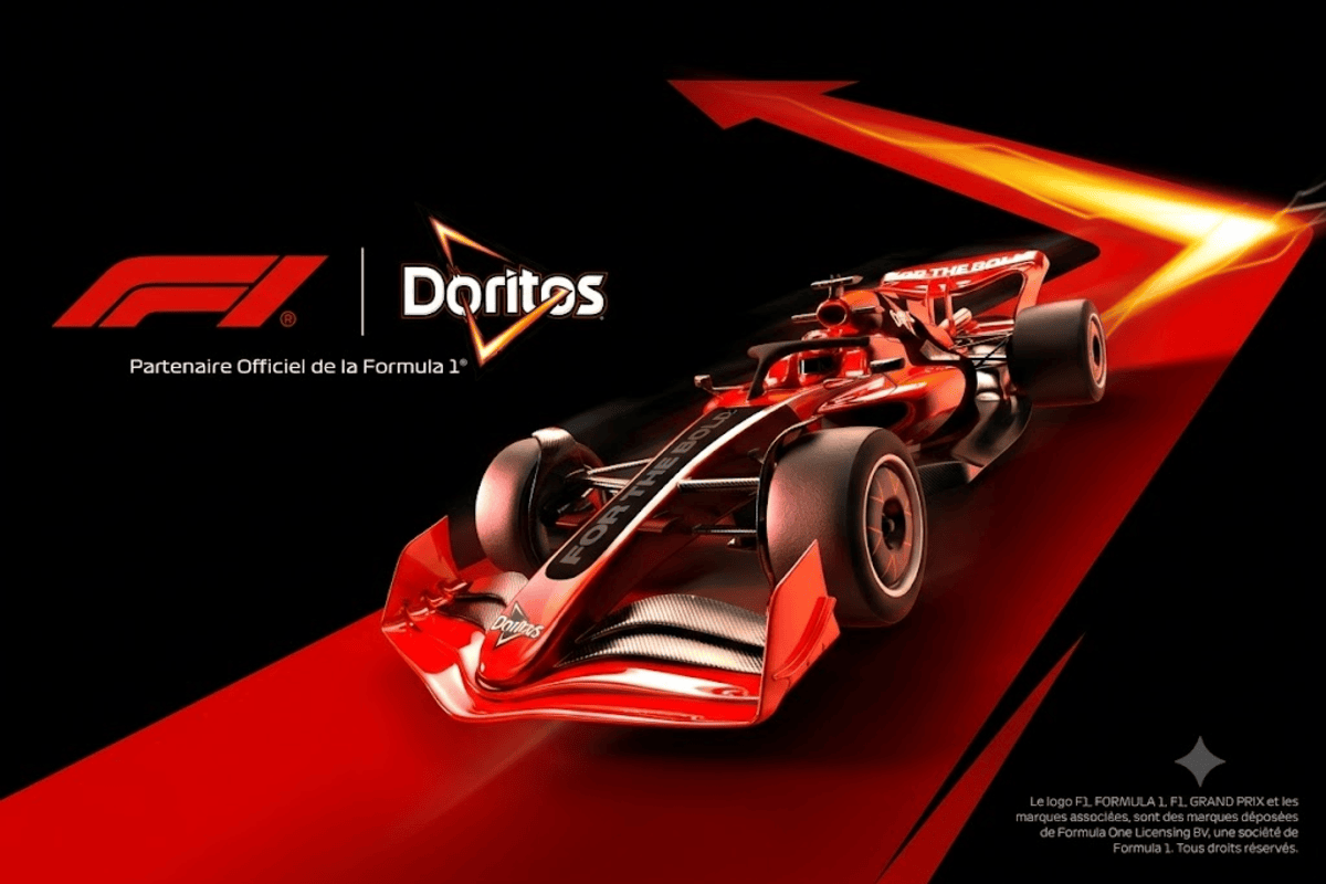 Voiture F1 rouge Doritos partenaire officiel Formula 1 fond noir traînée lumineuse rouge concours 2026
