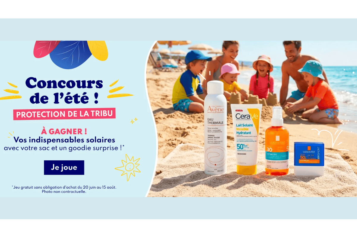 Concours Easypara de l'été 2026 protection de la tribu à gagner sac rempli de produits solaires Avène Eau Thermale CeraVe Lait Solaire SPF50 La Roche-Posay Anthelios famille plage sable enfants goodie surprise gratuit sans obligation d'achat