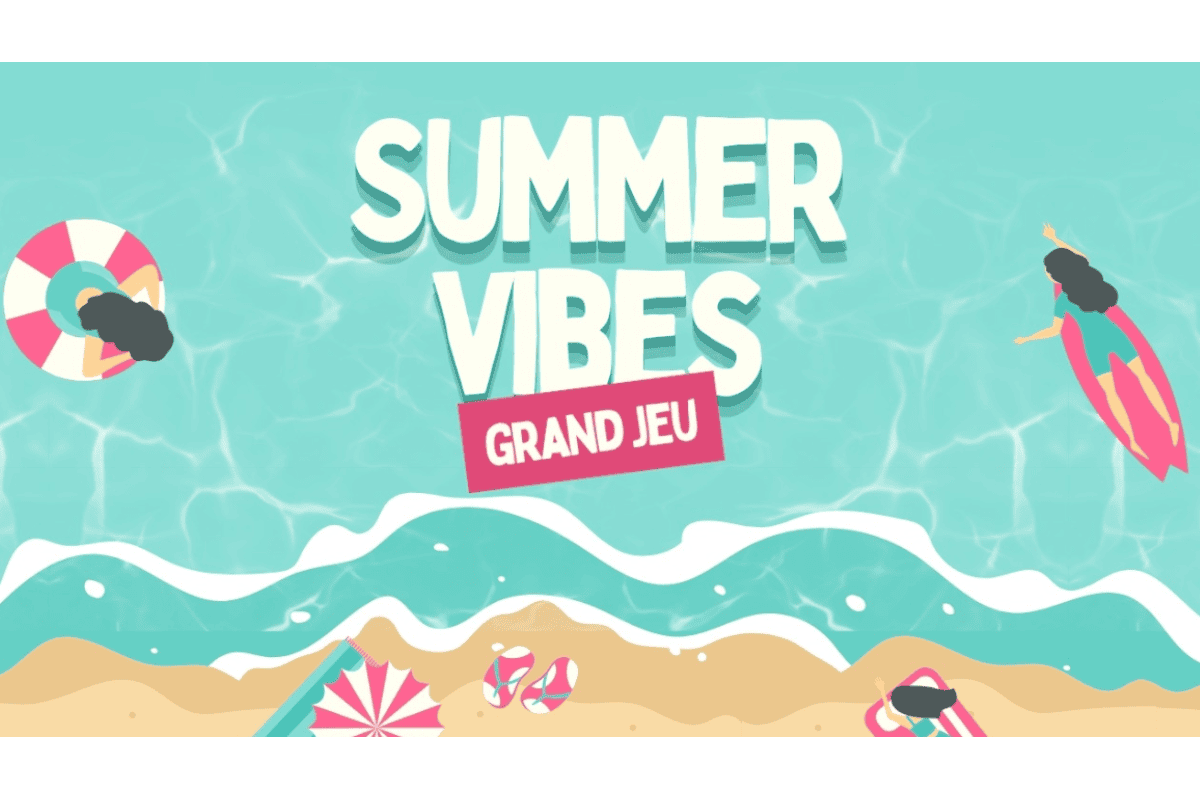 Visuel officiel du Grand Jeu Summer Vibes Femme Actuelle : illustration de plage vue du ciel avec bouée flamingo, planche de surf, parasol et baigneuses sur fond turquoise