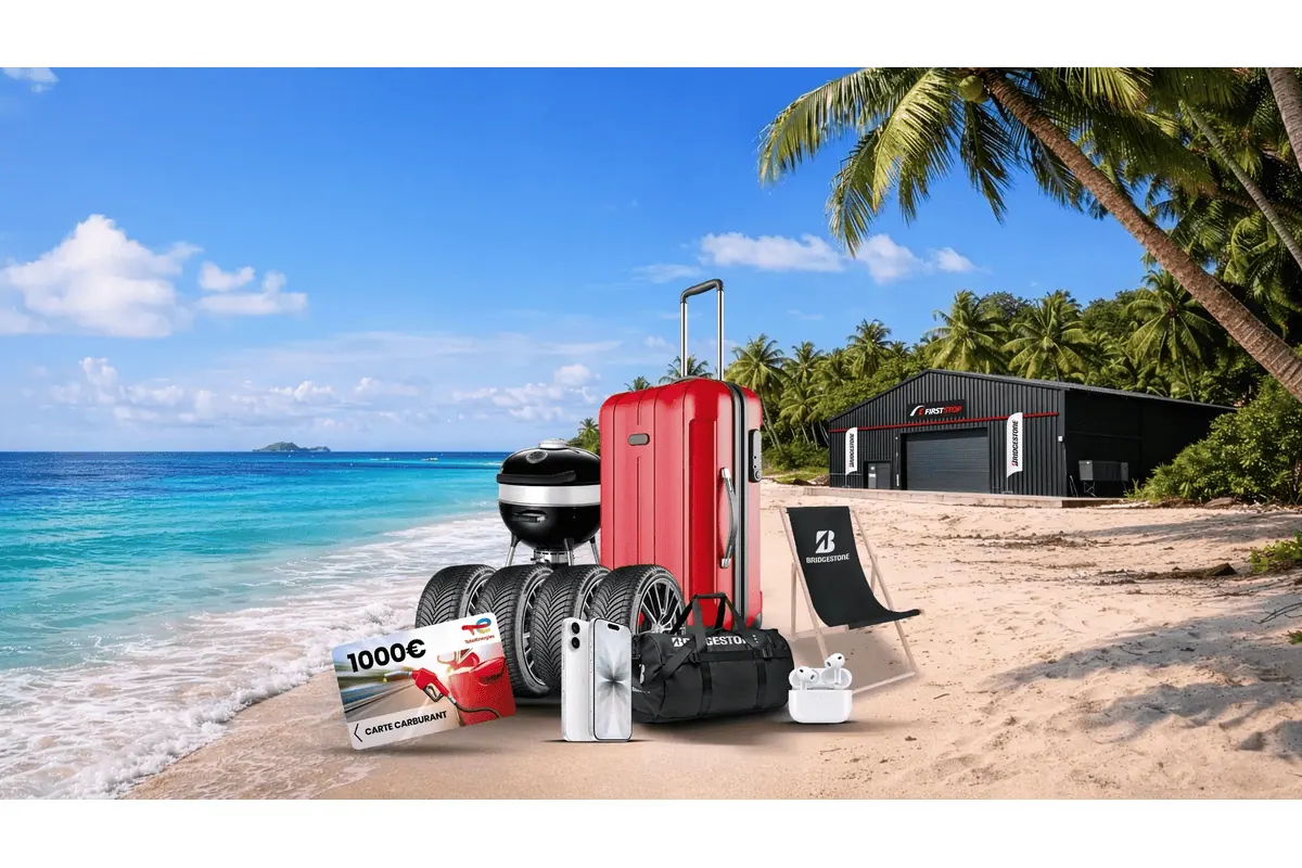 Concours First Stop x Bridgestone La Valise des Vacances valise rouge sur plage iPhone 17 AirPods 4 pneus barbecue carte carburant TOTAL 1000 euros instants gagnants juillet 2026