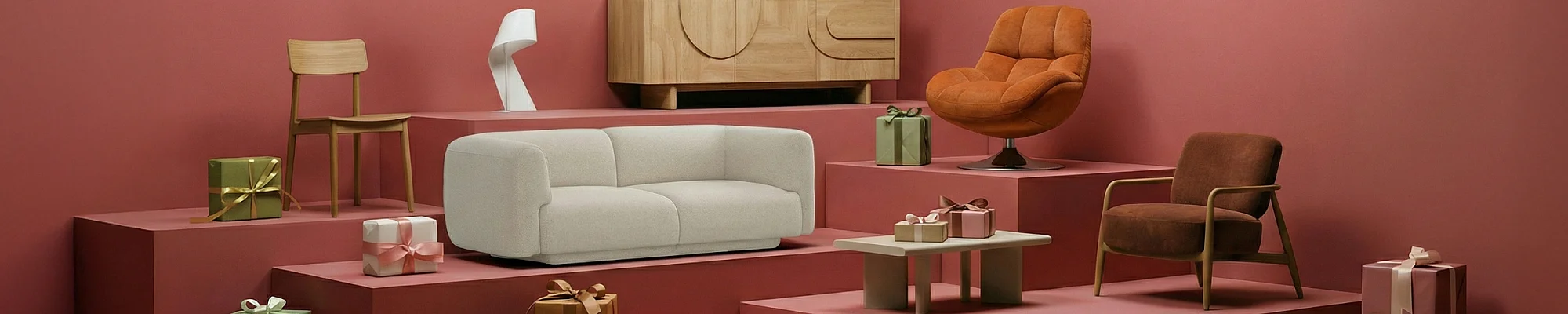 Mobilier Habitat présenté dans un décor aux tons terracotta pour le concours Habitat et Garancia