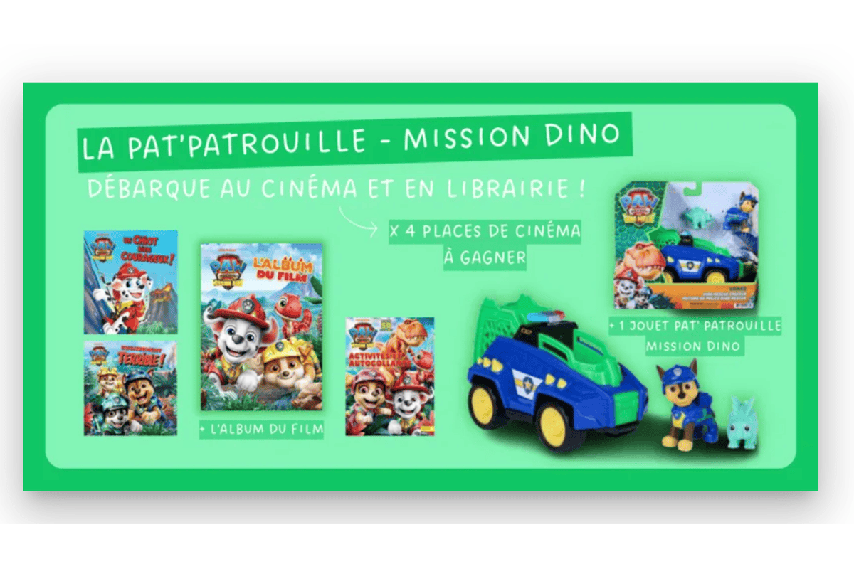Concours Hachette Jeunesse Pat'Patrouille Mission Dino débarque au cinéma et en librairie 4 places de cinéma à gagner album du film jouet Spin Master Chase véhicule dinosaure figurine juillet août 2026