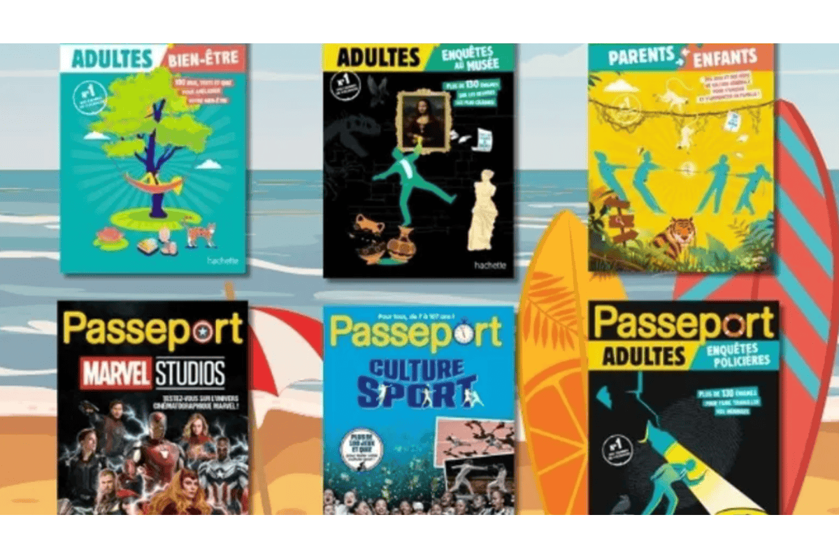 Concours Hachette Passeport 50 ans 6 cahiers de vacances adultes Bien-être Marvel Culture Sport Enquête policière Parents Enfants Enquête au musée