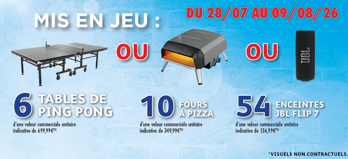 Concours fidélité Intermarché avec tables de ping-pong, fours à pizza et enceintes JBL Flip 7