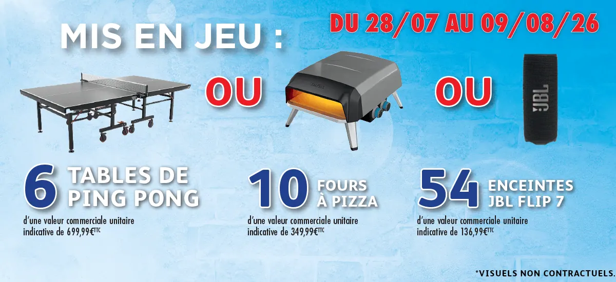Concours fidélité Intermarché avec tables de ping-pong, fours à pizza et enceintes JBL Flip 7