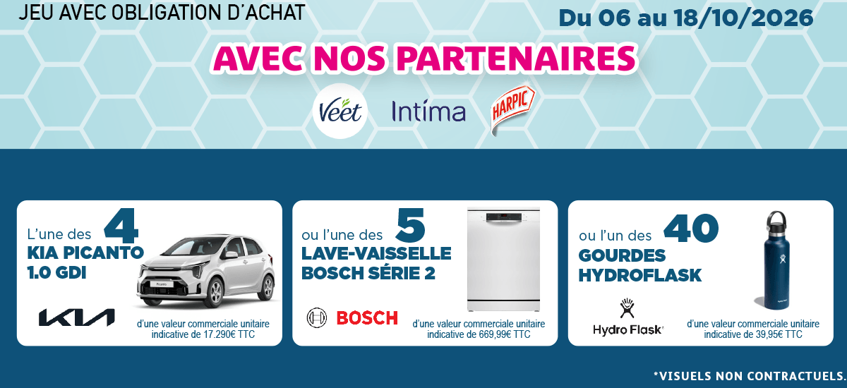 Grand jeu fidélité Intermarché avec quatre Kia Picanto, cinq lave-vaisselle Bosch et quarante gourdes Hydro Flask à gagner