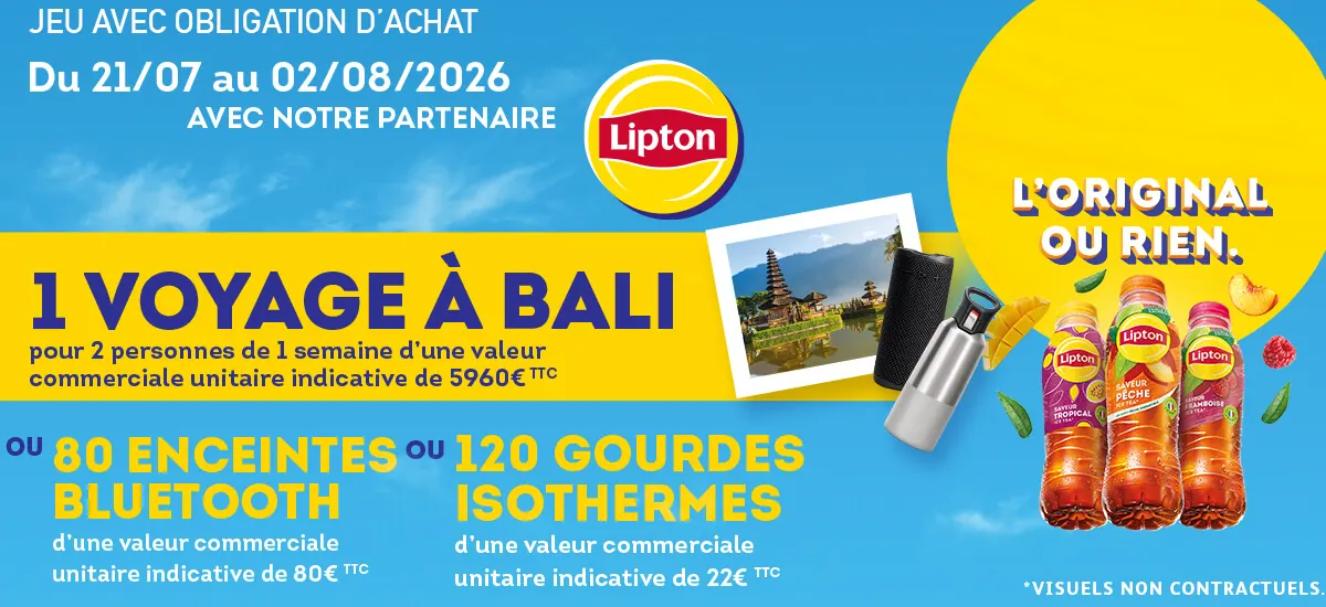 Grand jeu fidélité Intermarché Lipton avec voyage à Bali, enceintes Bluetooth et gourdes isothermes