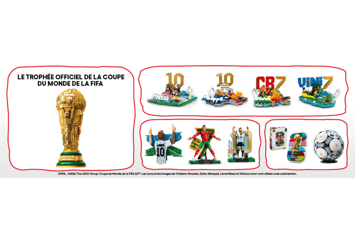 Visuel concours King Jouet × LEGO Coupe du Monde FIFA 2026 : trophée officiel doré en LEGO et collection complète des sets joueurs Messi, Mbappé, Cristiano Ronaldo (CR7), Vinicius Junior (VIN7)