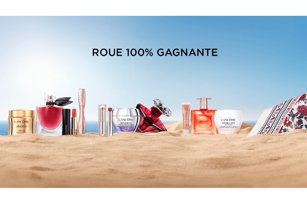 Concours Lancôme Roue 100 pourcent gagnante été 2026 produits sur plage La Vie Est Belle Absolue Crème Rénergie H.P.N. Peptide La Nuit Trésor Rouge Drama Idôle Peach'n Roses Hydra Zen bandeau exclusif juillet août