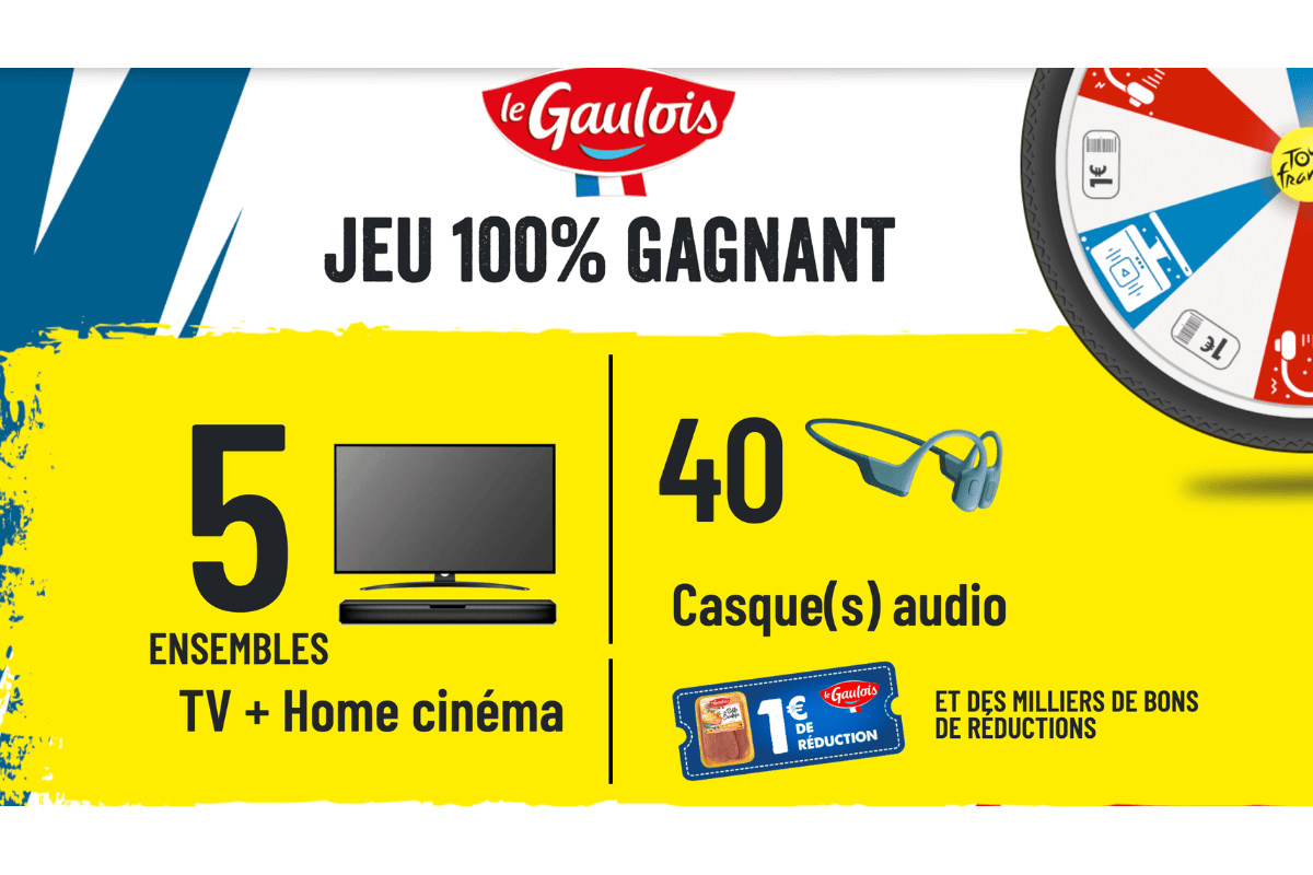 Visuel officiel Jeu 100 % gagnant Le Gaulois Tour de France 2026 : 5 ensembles TV + Home cinéma, 40 casques audio Bluetooth, bons de réduction 1 € et roue colorée à droite
