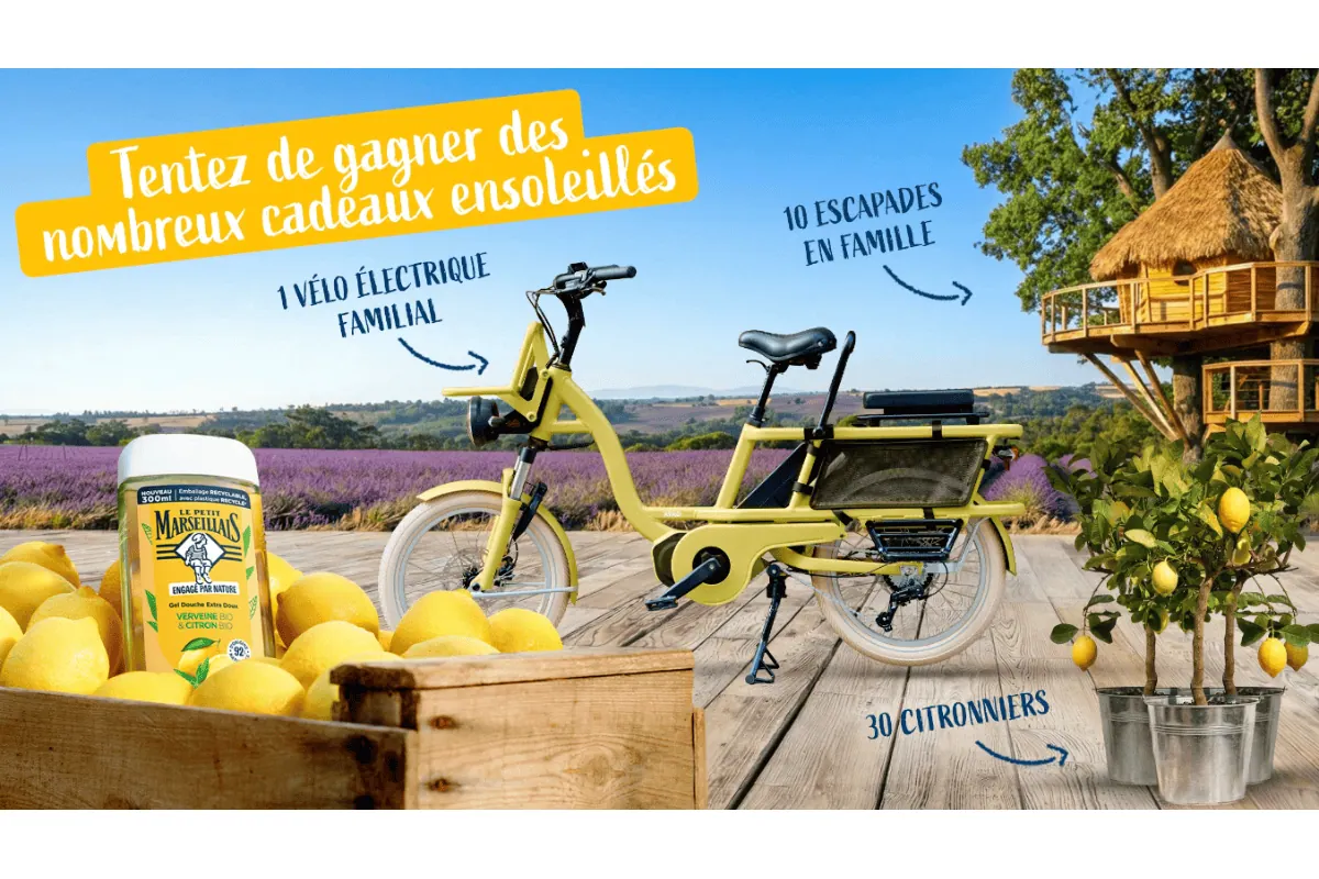 Concours Le Petit Marseillais Continuons d'ensoleiller demain à gagner vélo cargo électrique familial jaune cabane Coucoo arbres lavande Provence citronnier pot zinc 41 gagnants mai novembre 2026
