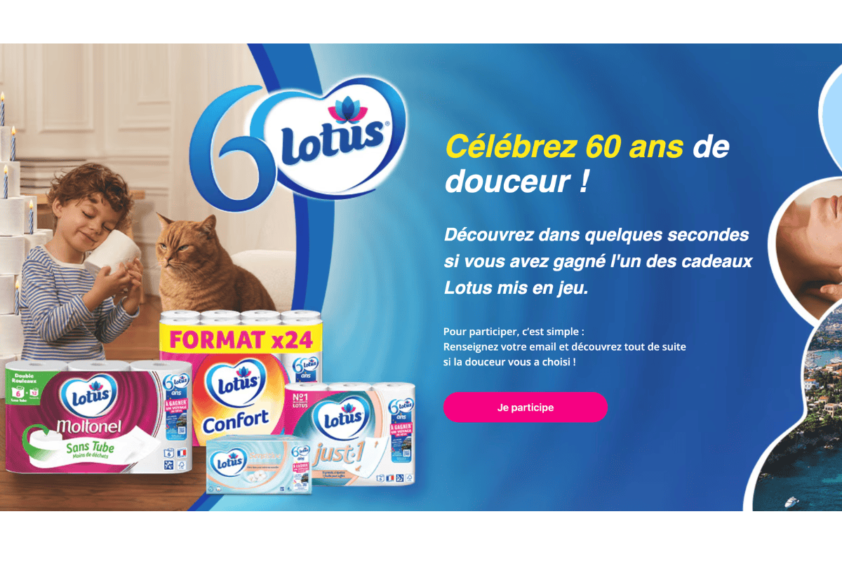 Concours Lotus 60 ans de douceur célébrez enfant chat rouleau papier toilette Moltonel Confort Just-1 voyage 5000 euros Sud de la France 60 coffrets Wonderbox 350 peluches collector à gagner juillet décembre 2026