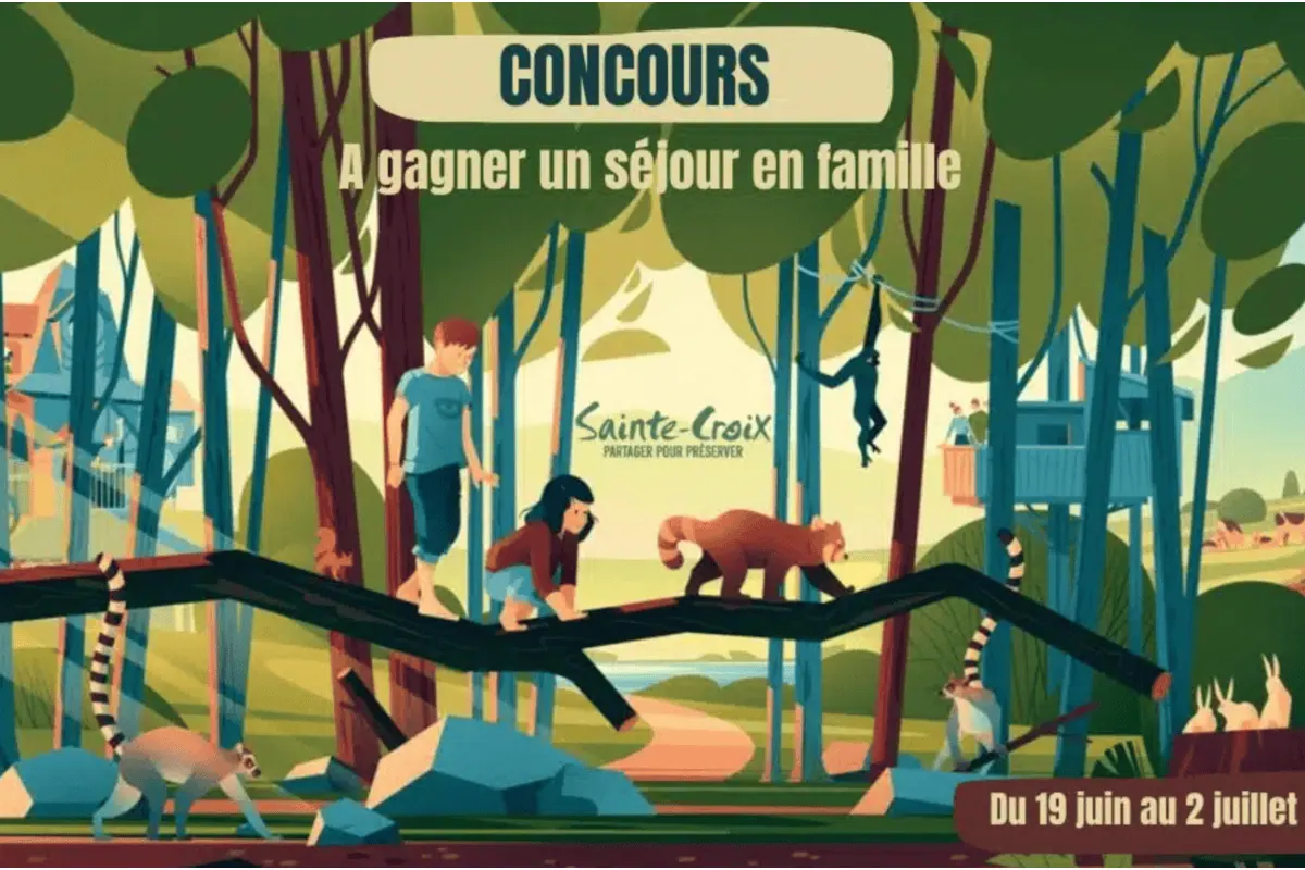Concours Mafamillezen Parc Animalier Sainte-Croix Moselle séjour famille à gagner illustration forêt lémuriens enfants singes cabane hébergement insolite ours du 19 juin au 2 juillet