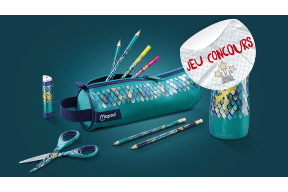 Concours Maped trousse garnie collection Dragon ciseaux crayons couleur règle Twist'n Flex taille-crayons gomme surligneur