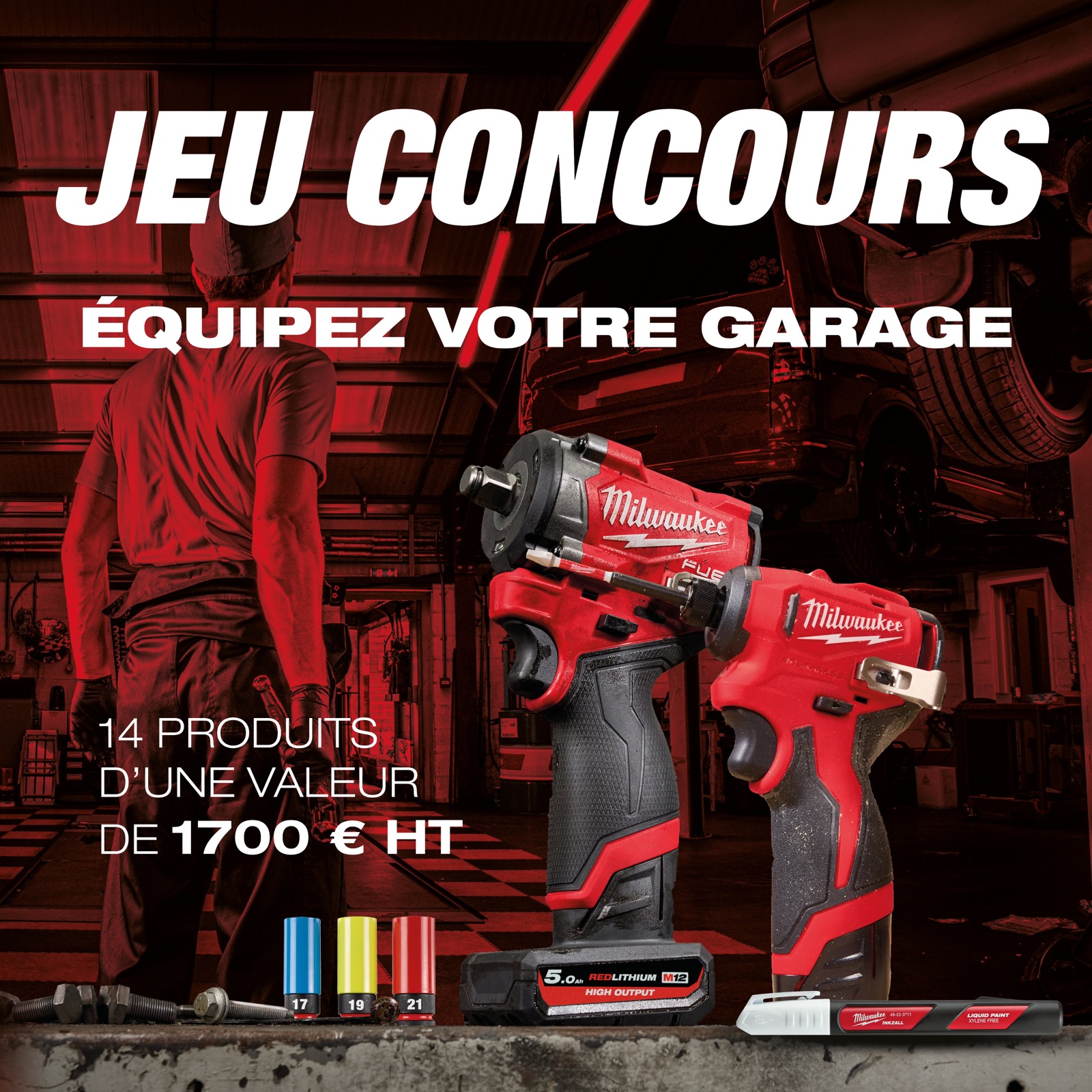 Concours Milwaukee pour gagner 14 produits destinés à équiper un garage d'une valeur de 1 700 euros HT