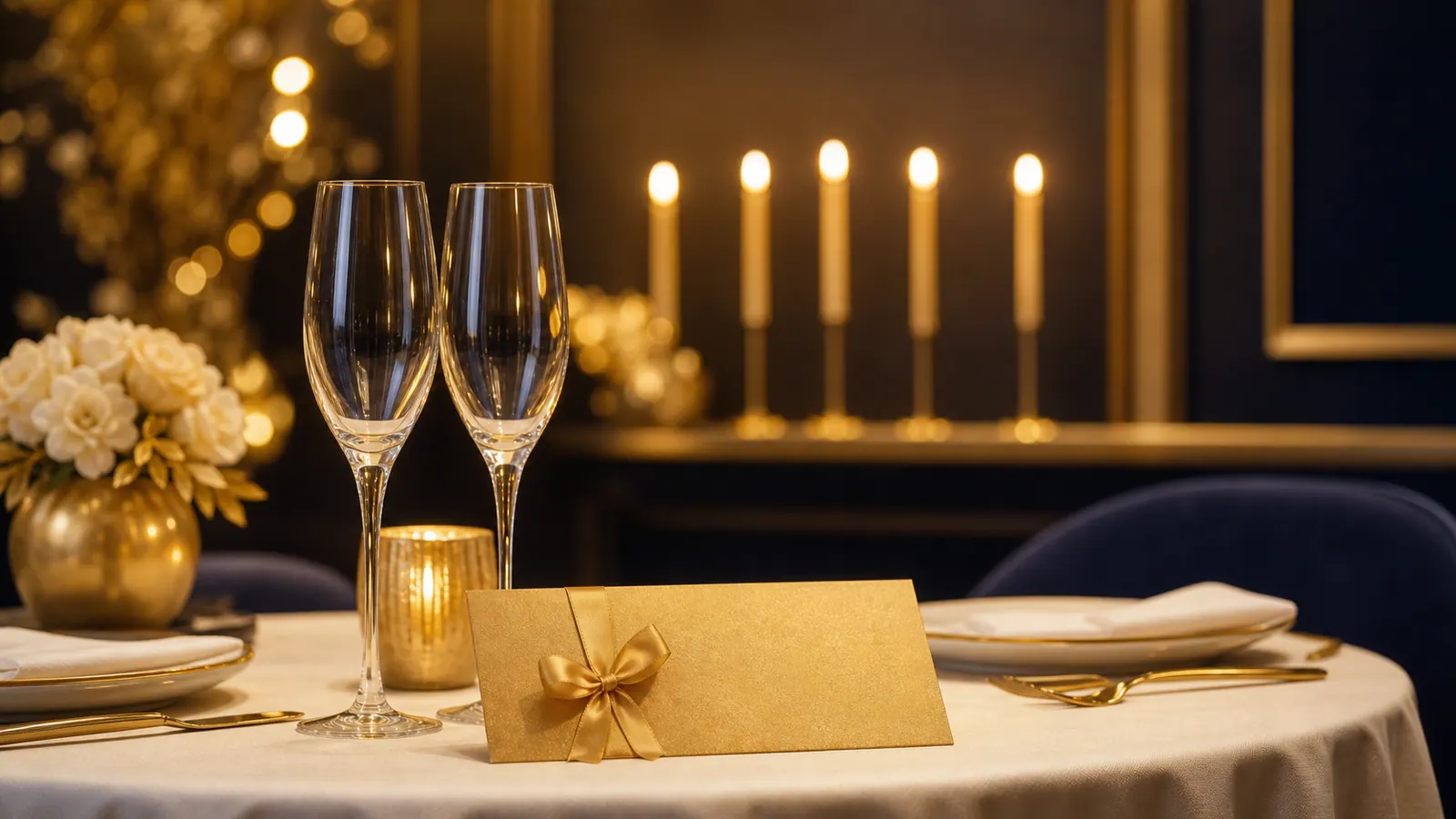 Table de restaurant élégante avec deux flûtes vides et une carte cadeau dorée