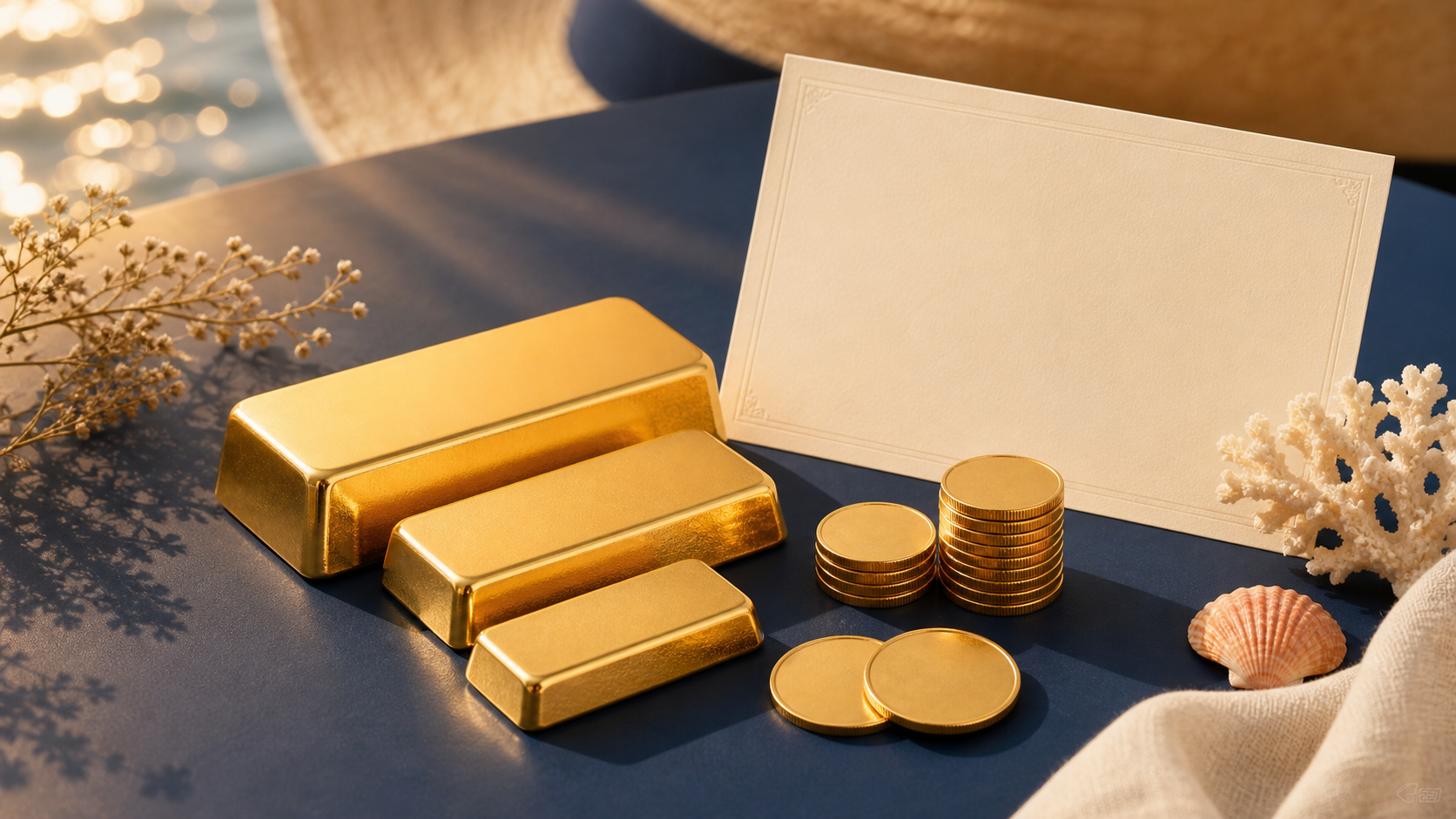 Lingots et pièces d'or dans une ambiance estivale illustrant le Grand Quiz de l'été Or en Cash