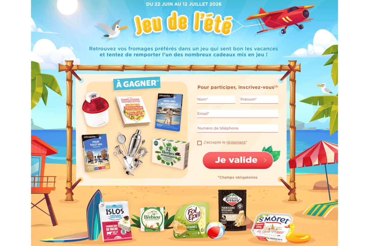 Concours QuiVeutDuFromage Savencia Jeu de l'été 2026 22 juin 12 juillet plage été parasol surf cabane plage avion rouge produits Islos Bresse Bleu Fol Epi Caprice Galbani Tartare St Moret cadeaux Wonderbox sorbetière cocktails herbes aromatiques livre