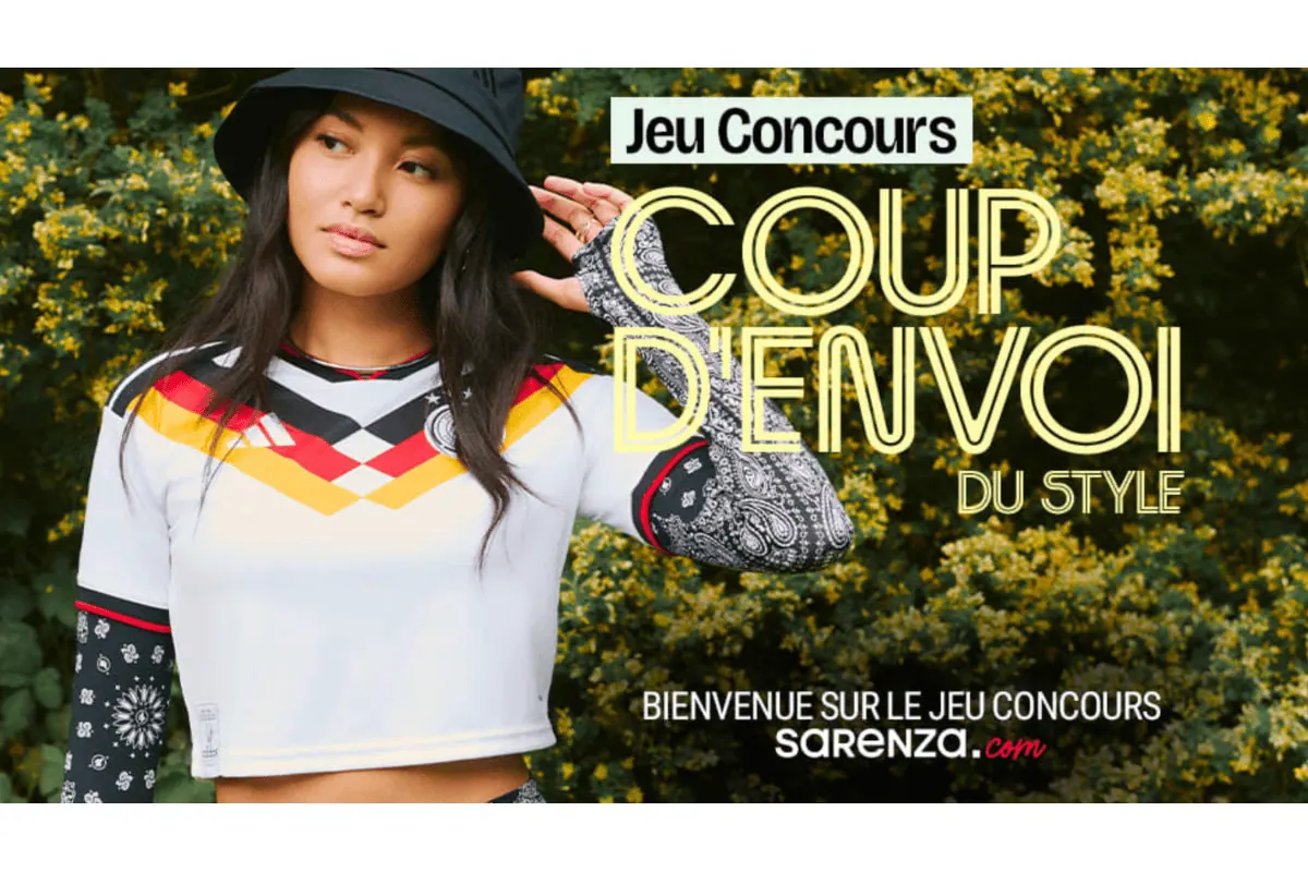 Concours Sarenza Coup d'envoi du Style 100 pourcent gagnant 19 juin au 19 juillet 2026 jeune femme casquette tenue mode colorée fond vert visuel jeu concours bienvenue sarenza